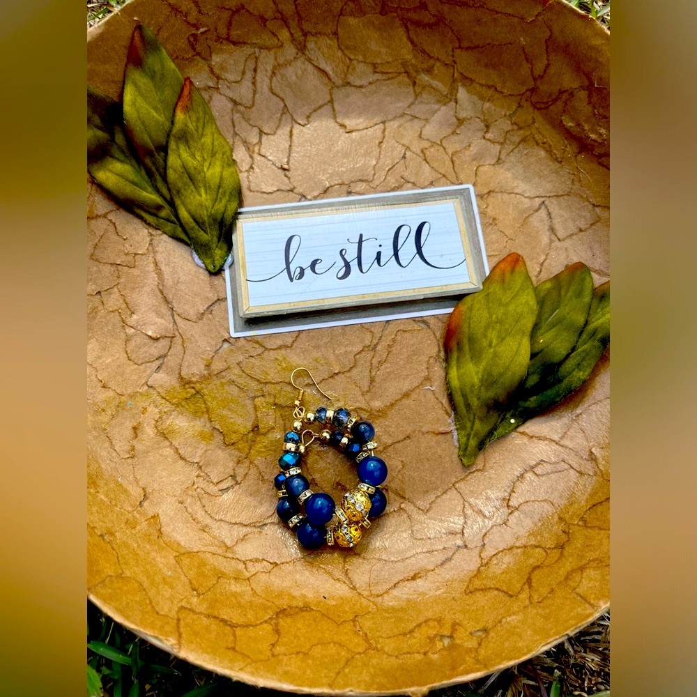 Blue Beaded Handmade Hoop Earrings